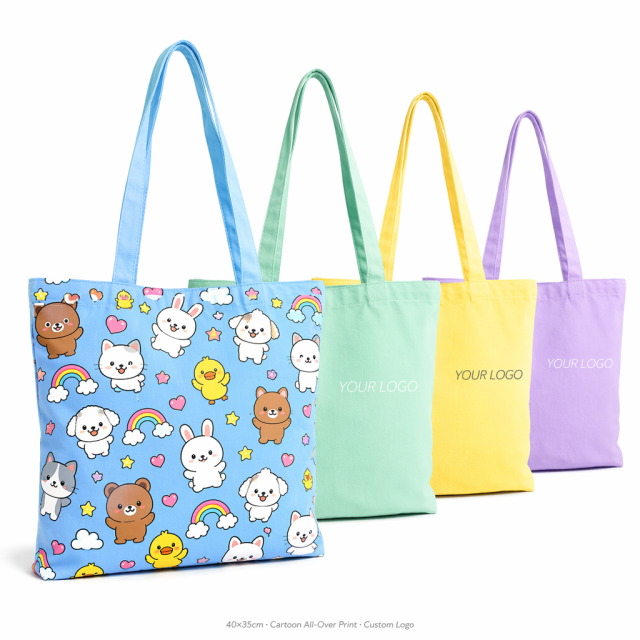 Custom All-Over Print Canvas Shoulder Tote Bag | Full Coverage Logo | No MOQ | 12 Colors