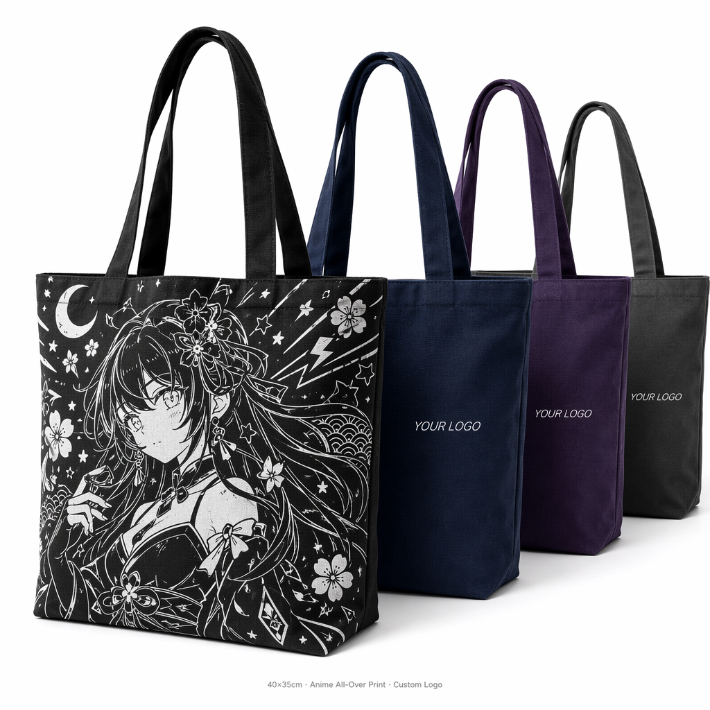 Custom All-Over Print Canvas Shoulder Tote Bag | Full Coverage Logo | No MOQ | 12 Colors