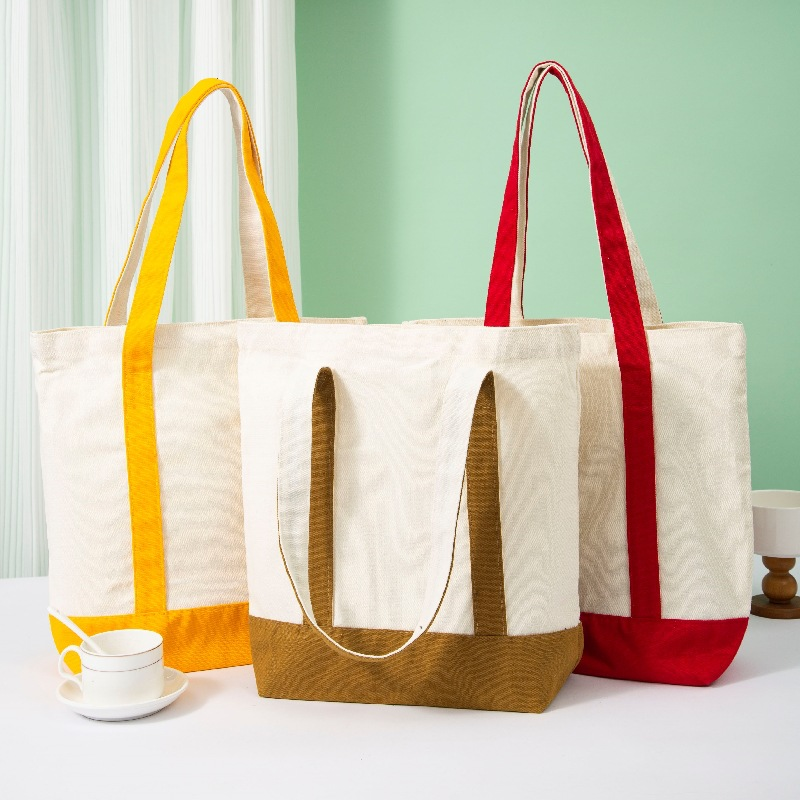 Personalized Color-Block Canvas Shoulder Tote | White Body Contrast Panel | No Minimum Order