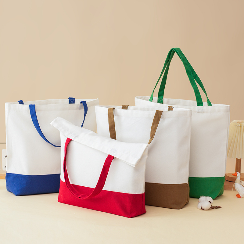 Custom Logo Two-Tone Canvas Tote Bag | Color-Block Design | No MOQ | 12 Color Combos