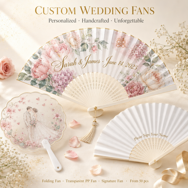 Custom Wedding Hand Fans — Personalized Folding Fans & PP Round Fans