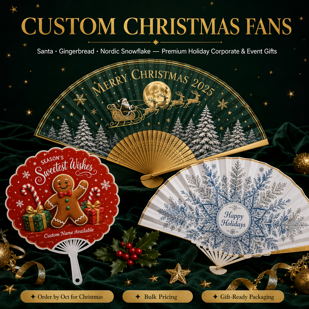 Custom Christmas Hand Fans — Santa, Gingerbread & Nordic Snowflake Holiday Fans