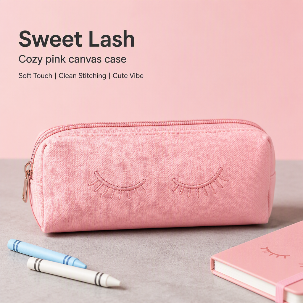 Sweet Lash pink canvas pouch with embroidered eyelashes