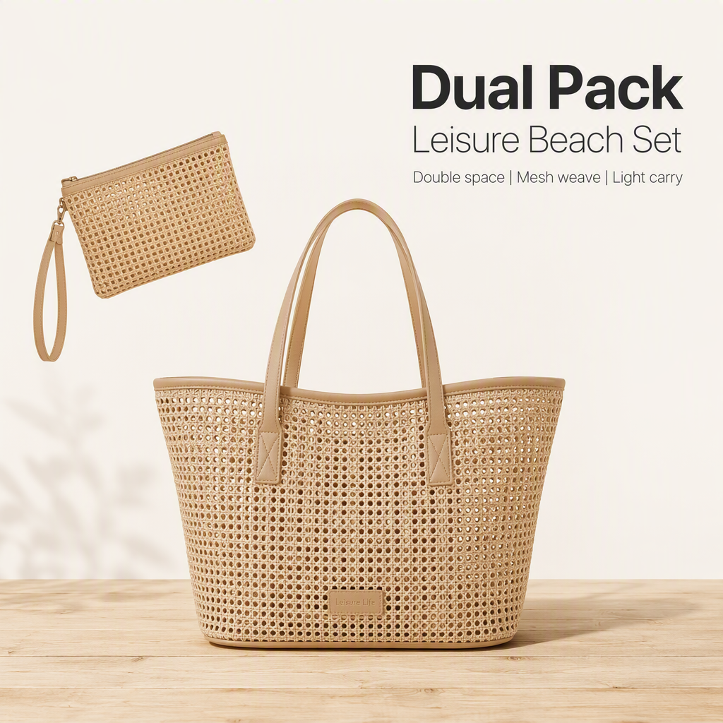 Woven mesh tote with matching pouch set