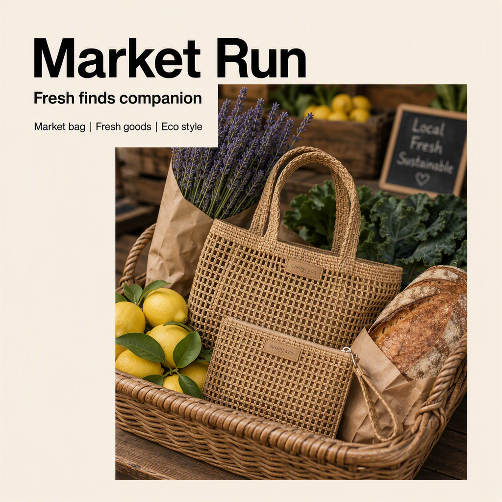 Woven market tote with pouch among lemons and bread