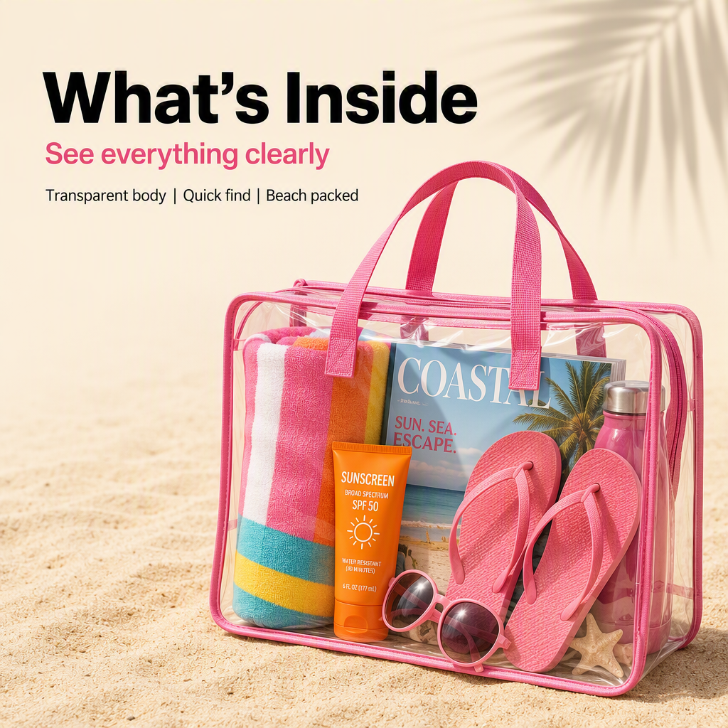 Pink transparent PVC tote packed with beach essentials