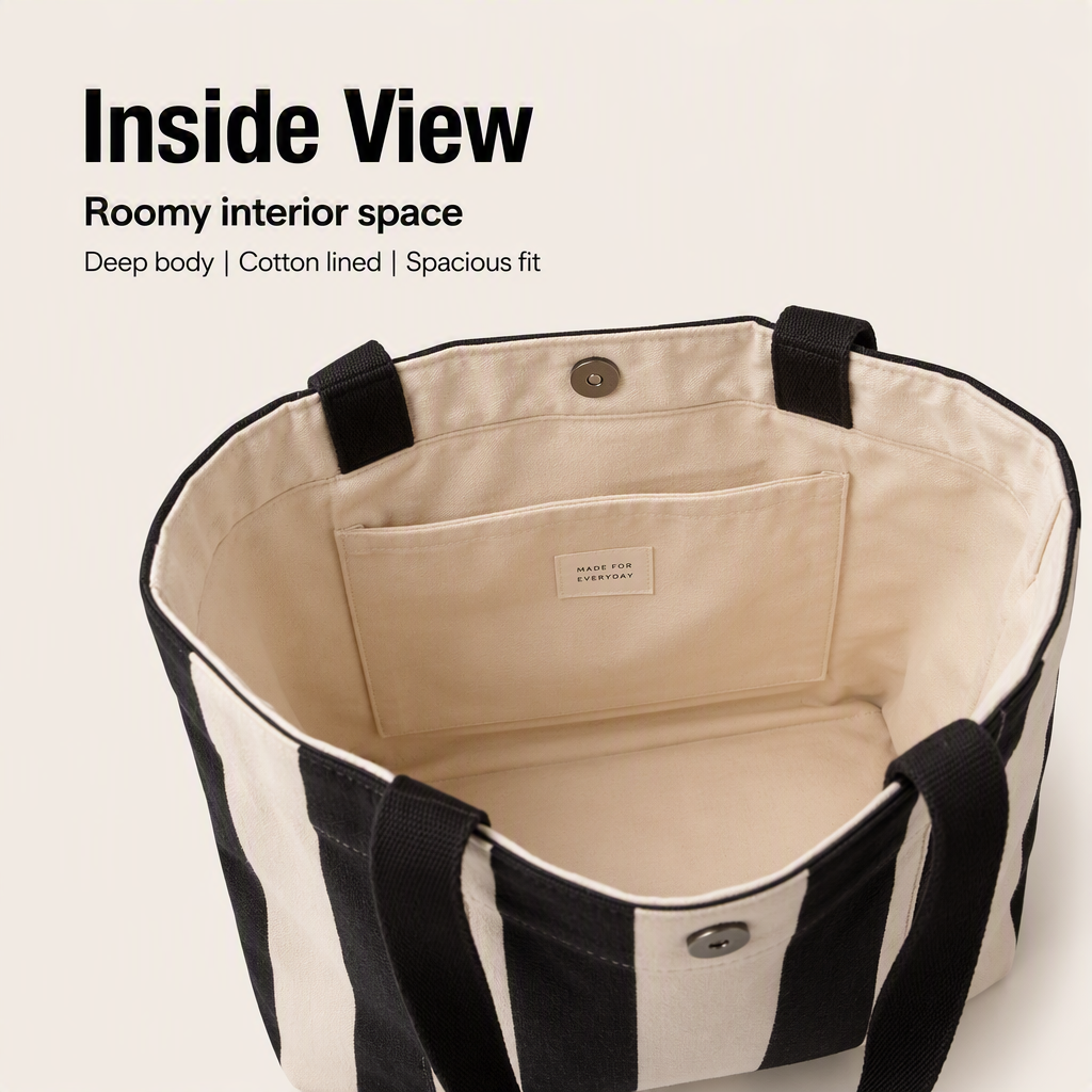 Black and cream striped canvas tote interior with cotton lining