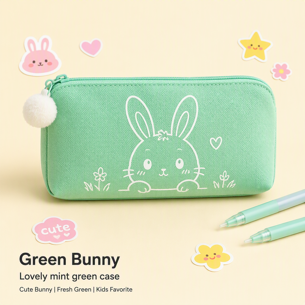 Green Bunny mint canvas case with bunny print and pom pom