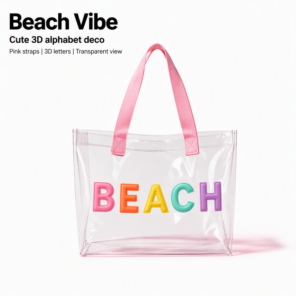 Clear PVC tote with 3D BEACH letters and pink straps