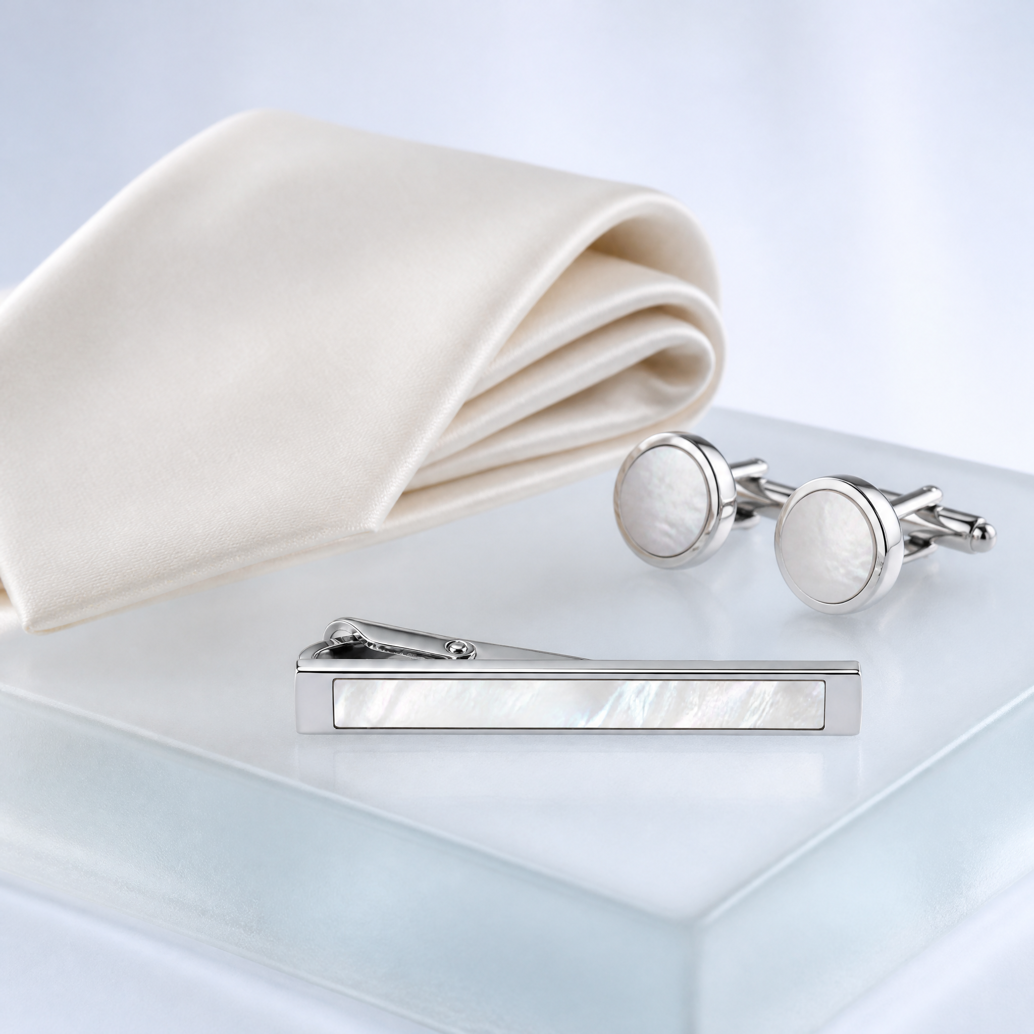 Custom Mother of Pearl Tie Clip | Silver Metal Tie Bar with Shell Inlay for Men Business Suit Wedding Groomsmen Gift