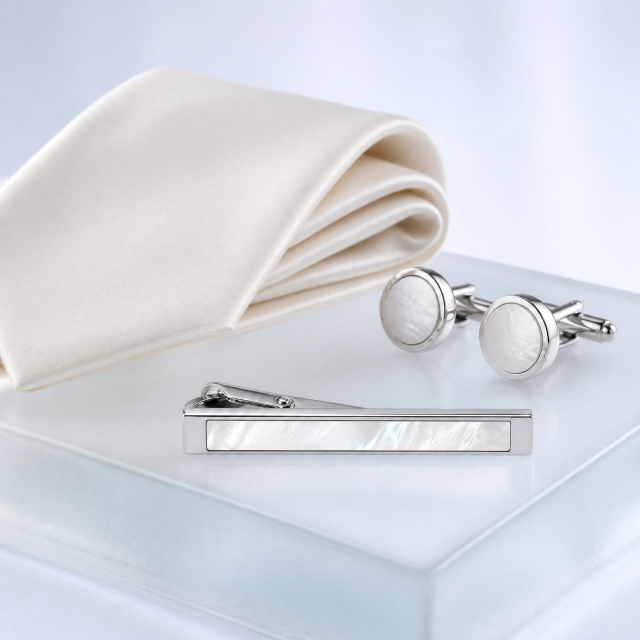 Custom Mother of Pearl Tie Clip | Silver Metal Tie Bar with Shell Inlay for Men Business Suit Wedding Groomsmen Gift