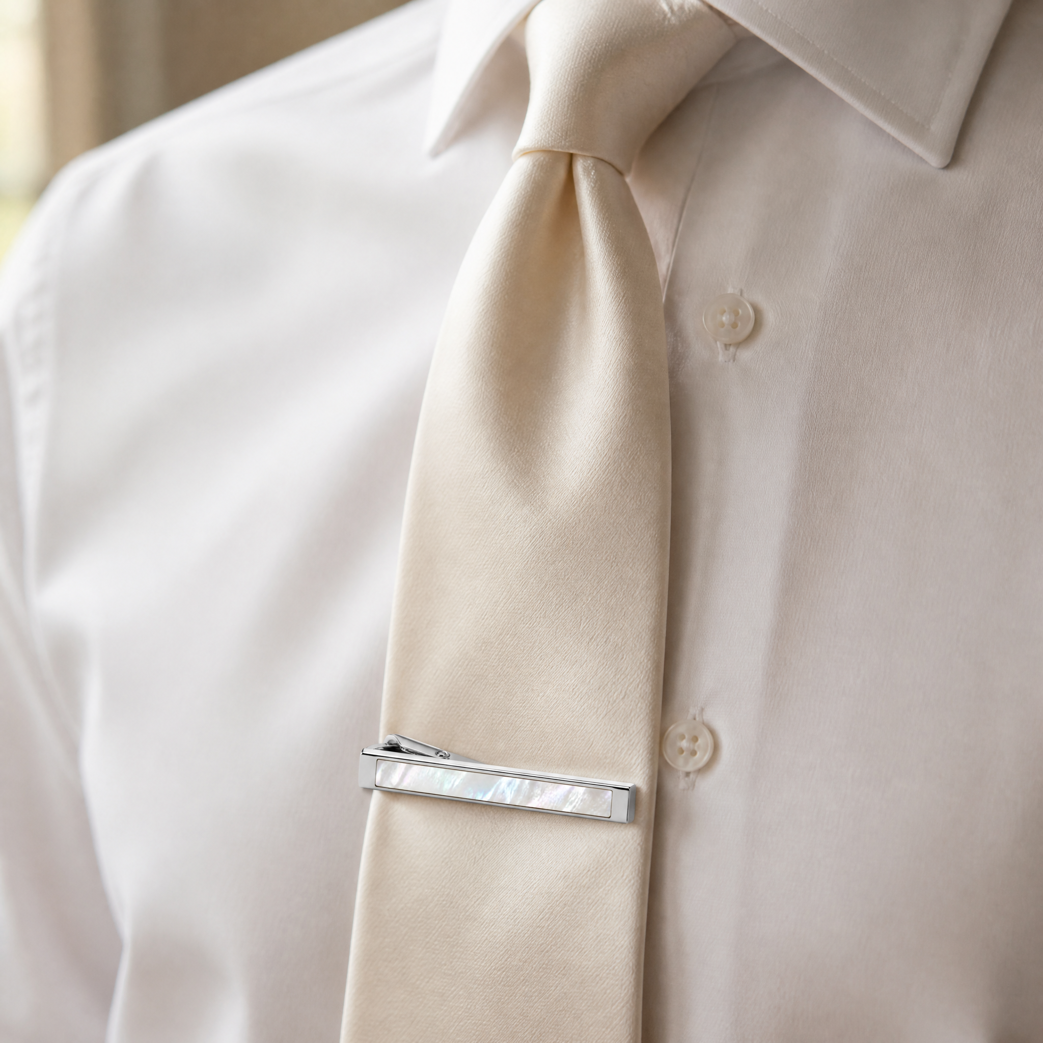 Custom Mother of Pearl Tie Clip | Silver Metal Tie Bar with Shell Inlay for Men Business Suit Wedding Groomsmen Gift