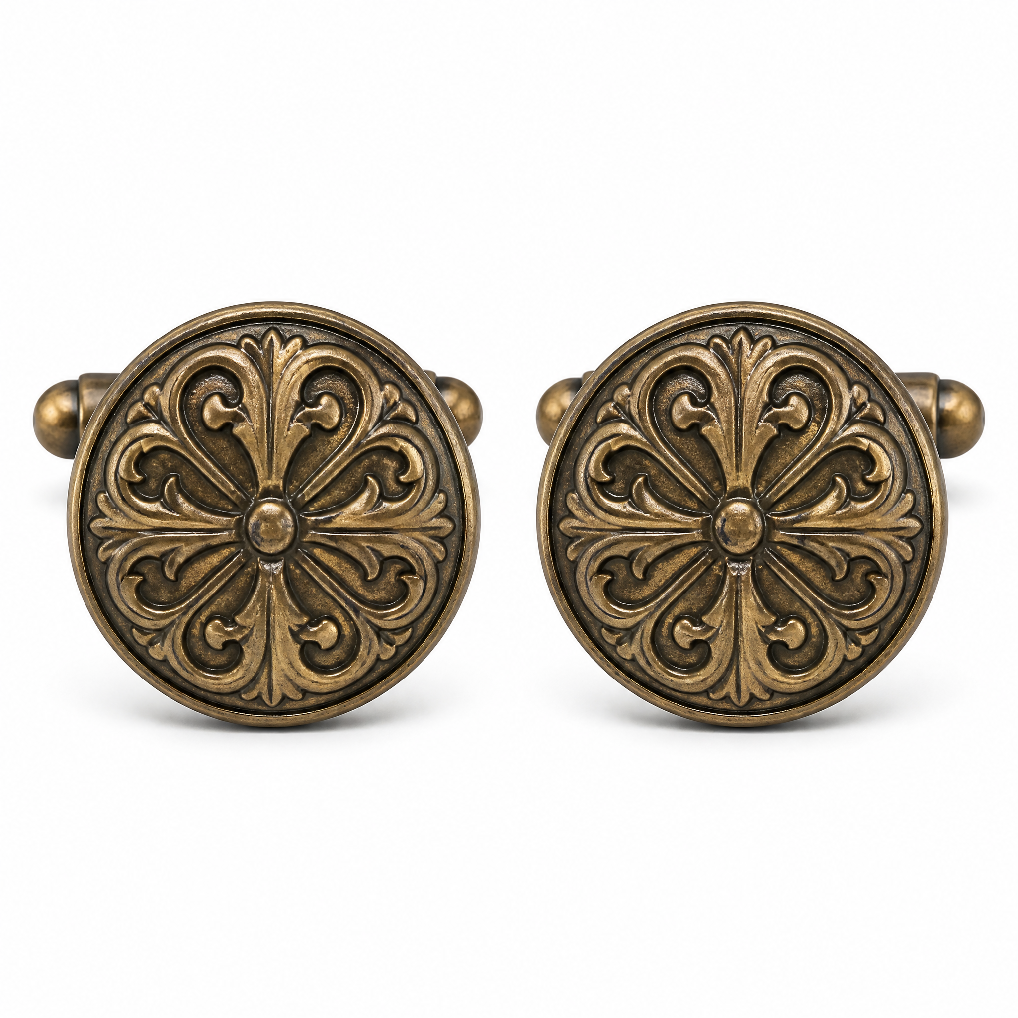 Custom Antique Bronze Cufflinks Round Vintage Ornamental Relief Patina Whale Back Men Formal Wedding Cuff Links