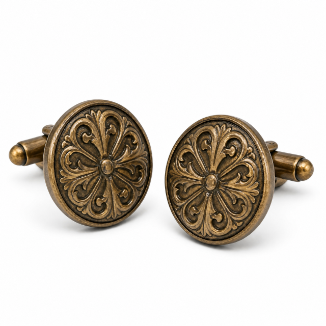 Custom Antique Bronze Cufflinks Round Vintage Ornamental Relief Patina Whale Back Men Formal Wedding Cuff Links