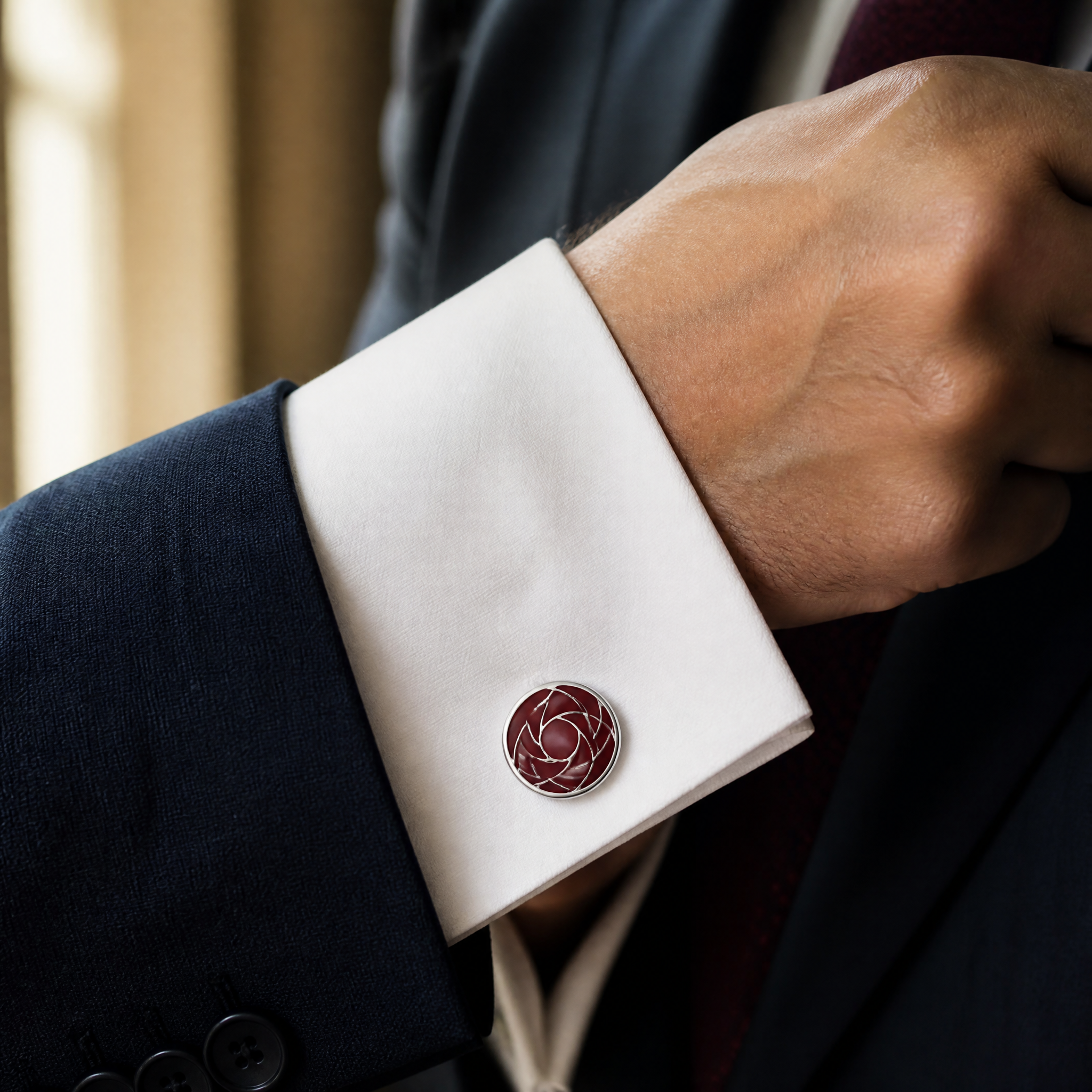 Custom Soft Enamel Cufflinks Round Burgundy Silver Metal Separations Whale Back Men Formal Wedding Cuff Links
