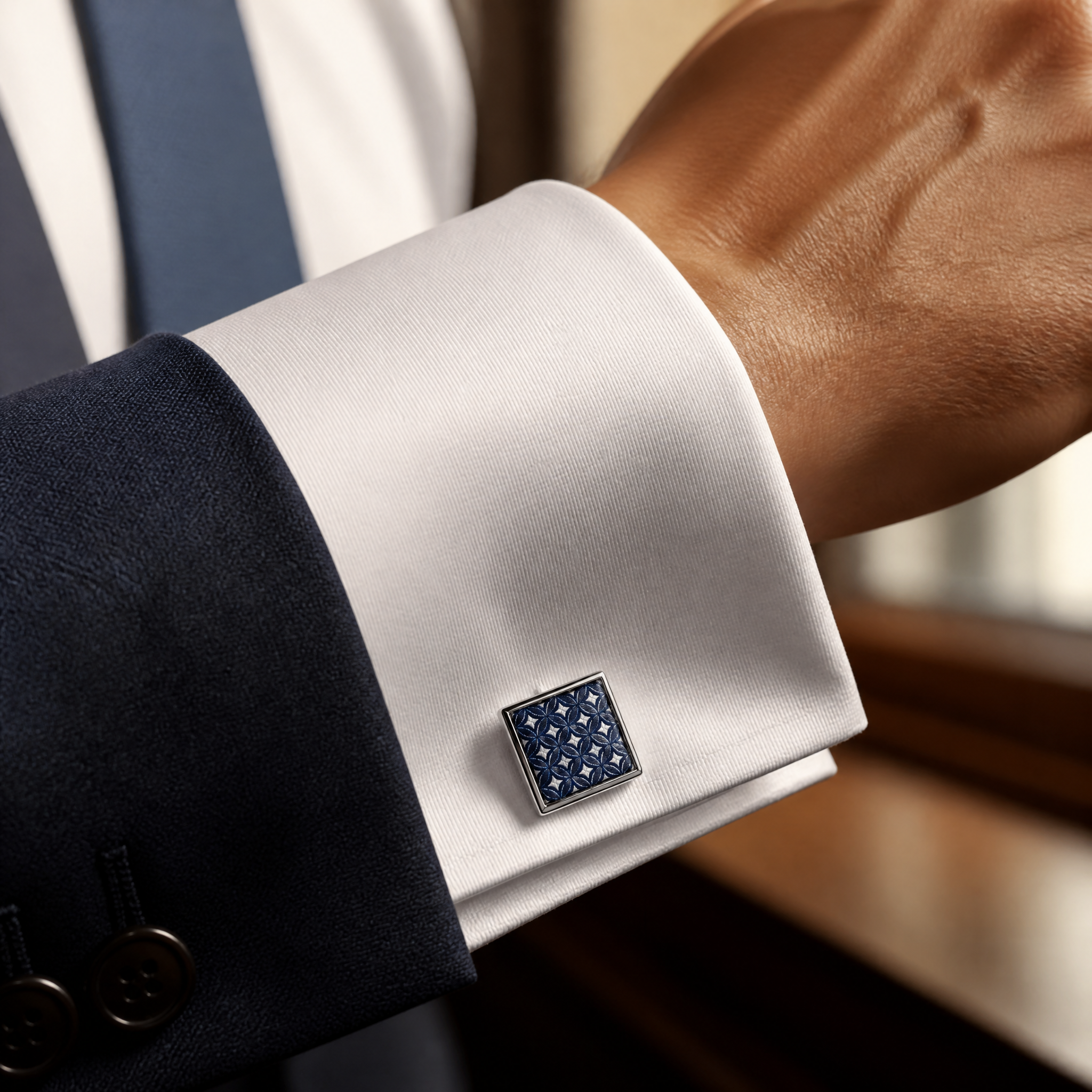 Custom Silk Print Cufflinks Square Silver Metal Logo Emblem Whale Back Men Formal Wedding Business Cuff Links