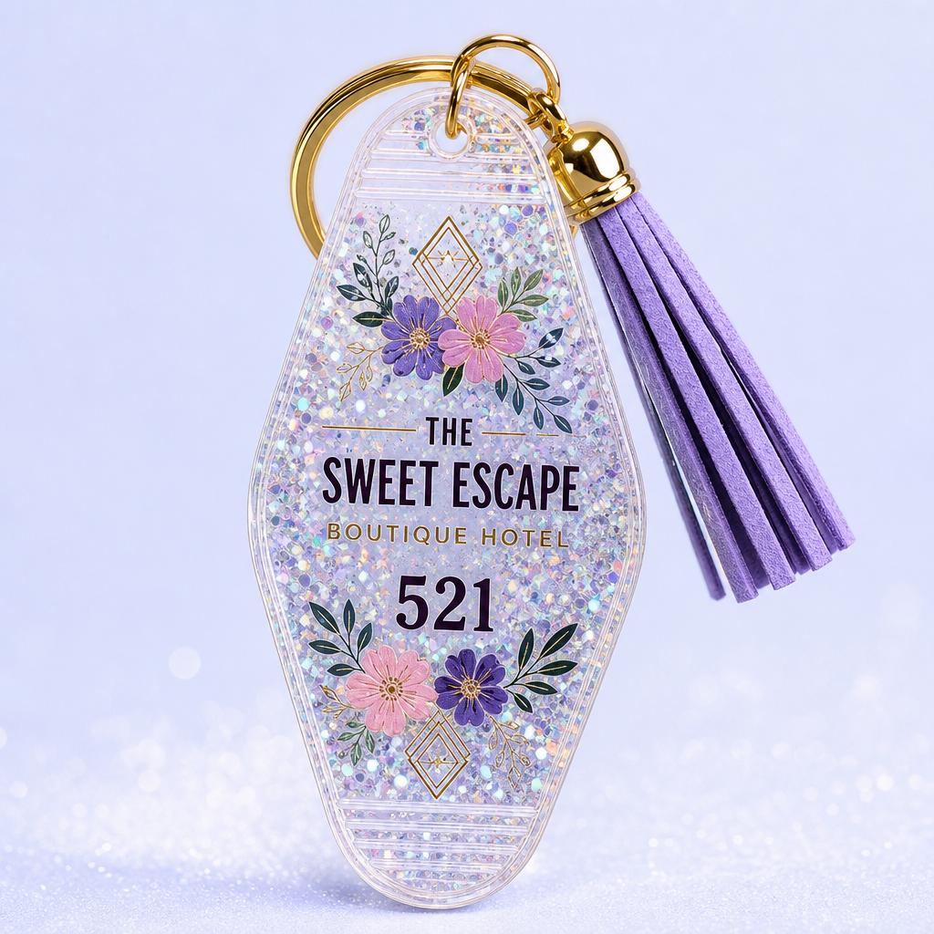 Custom Motel Keychain uv dtf Decal Clear Glitter Motel Keychain Blank Plastic Retro Motel Key Chain Acrylic Keyring Luggage Tags