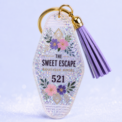 Custom Motel Keychain uv dtf Decal Clear Glitter Motel Keychain Blank Plastic Retro Motel Key Chain Acrylic Keyring Luggage Tags