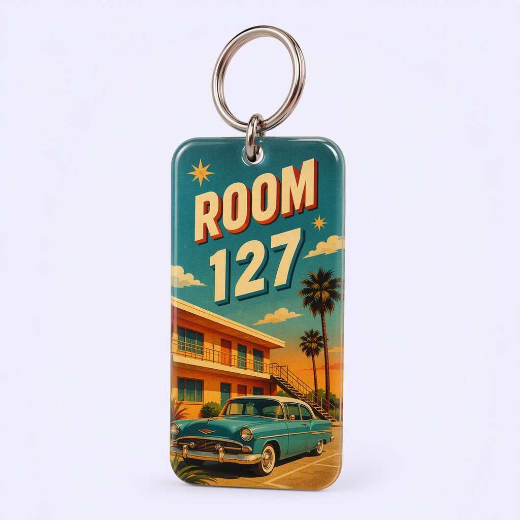 Custom Motel Keychain uv dtf Decal Clear Glitter Motel Keychain Blank Plastic Retro Motel Key Chain Acrylic Keyring Luggage Tags
