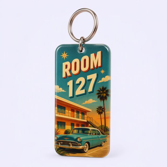 Custom Retro Motel Keychain - UV Full-Color Print Plastic Motel Key Tag - Personalized Hotel Keychain - STANDARD GIFTS