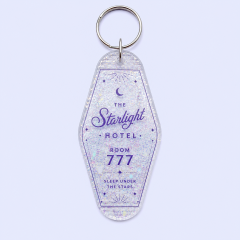 Custom Motel Keychain uv dtf Decal Clear Glitter Motel Keychain Blank Plastic Retro Motel Key Chain Acrylic Keyring Luggage Tags
