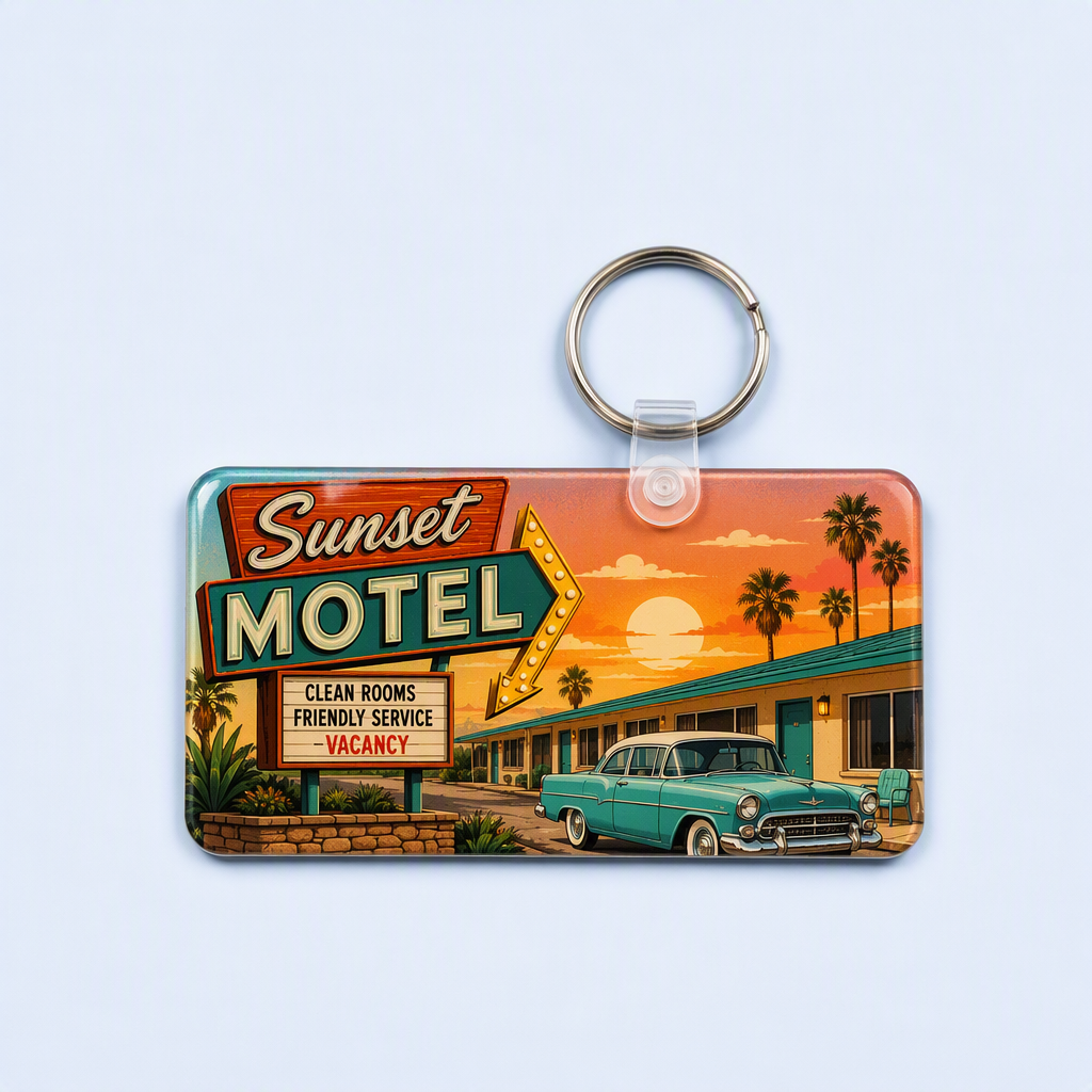 Custom Motel Keychain uv dtf Decal Clear Glitter Motel Keychain Blank Plastic Retro Motel Key Chain Acrylic Keyring Luggage Tags