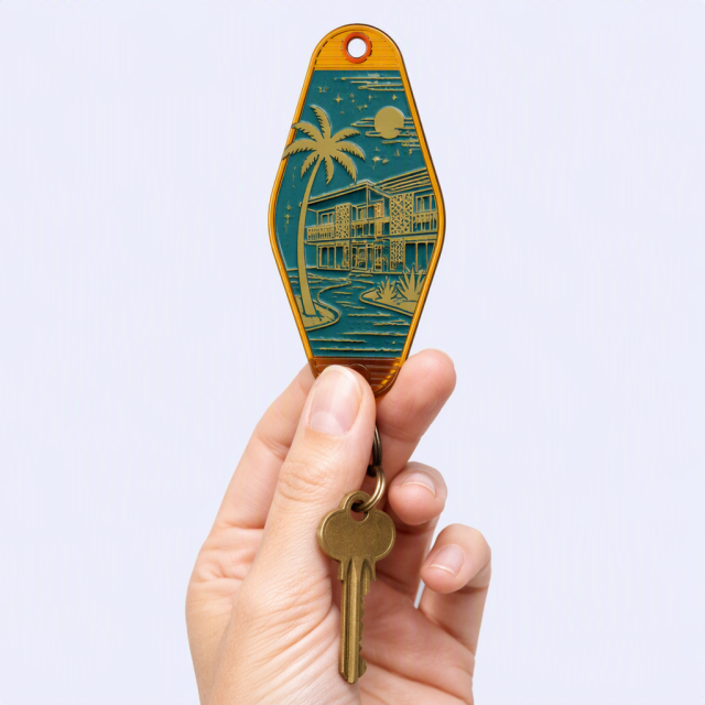 Custom Retro Motel Keychain - Personalized Acrylic Hotel Key Tag with DTF Heat Transfer Print