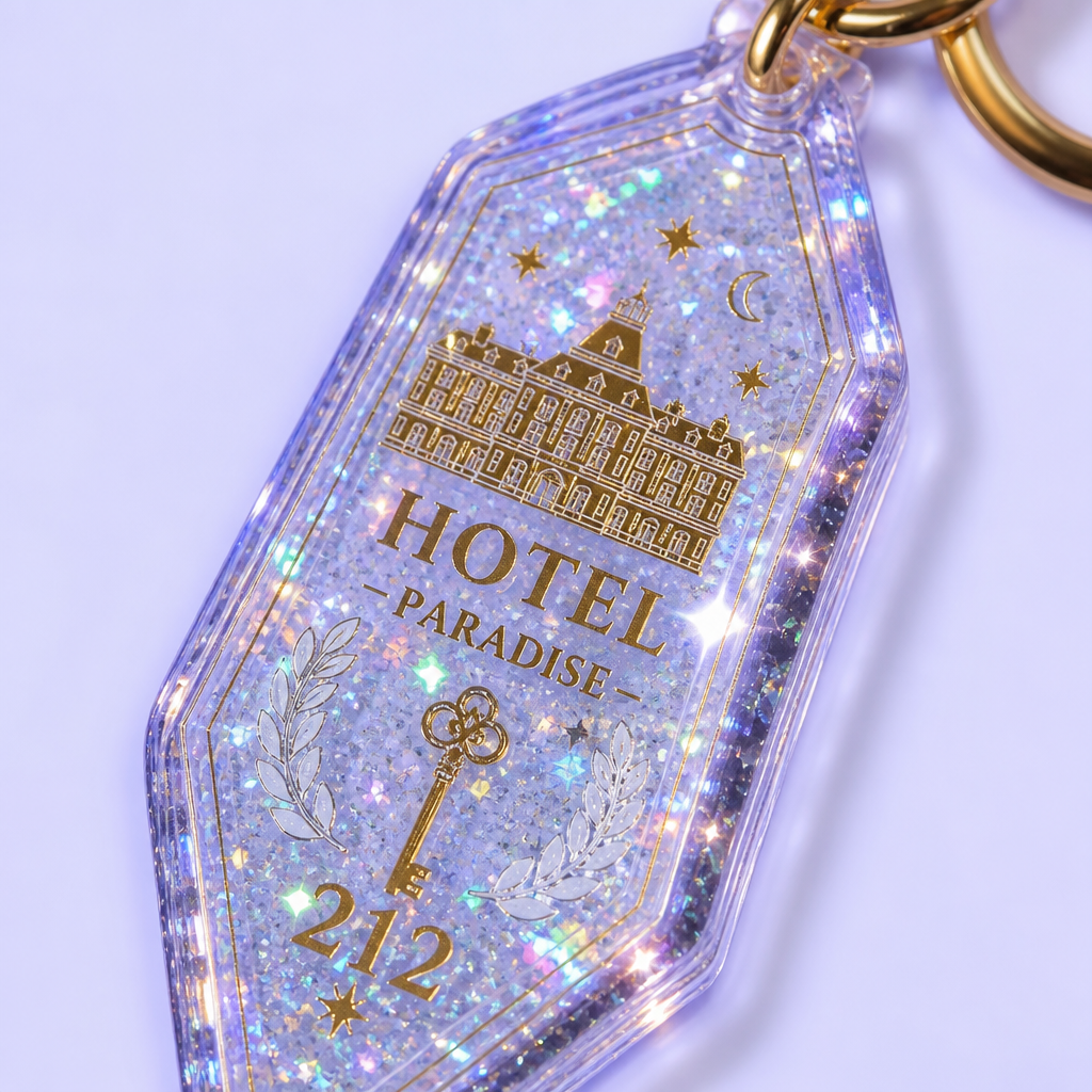 Custom Motel Keychain uv dtf Decal Clear Glitter Motel Keychain Blank Plastic Retro Motel Key Chain Acrylic Keyring Luggage Tags