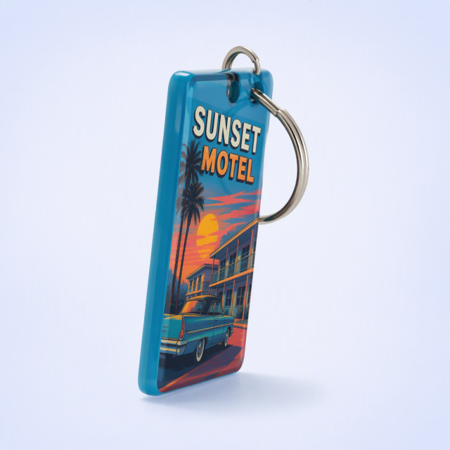 Custom Motel Keychain uv dtf Decal Clear Glitter Motel Keychain Blank Plastic Retro Motel Key Chain Acrylic Keyring Luggage Tags
