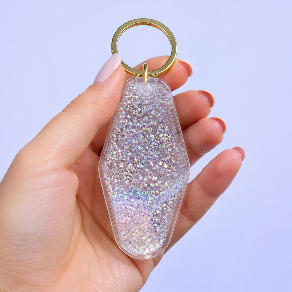 Custom Motel Keychain uv dtf Decal Clear Glitter Motel Keychain Blank Plastic Retro Motel Key Chain Acrylic Keyring Luggage Tags