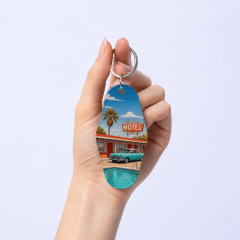 Custom Motel Keychain uv dtf Decal Clear Glitter Motel Keychain Blank Plastic Retro Motel Key Chain Acrylic Keyring Luggage Tags