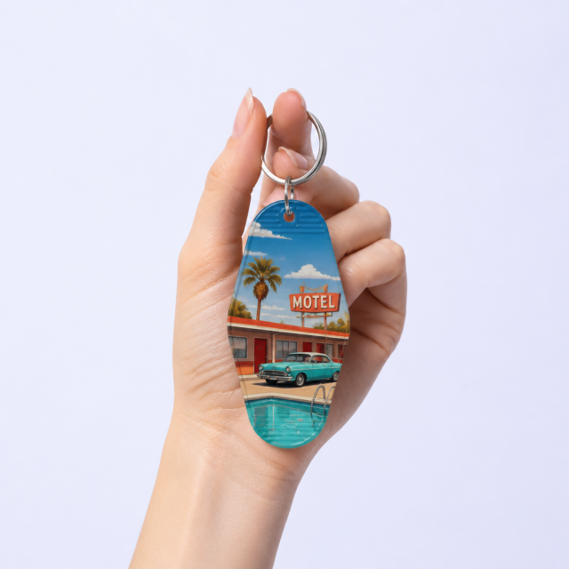 Custom Motel Keychain uv dtf Decal Clear Glitter Motel Keychain Blank Plastic Retro Motel Key Chain Acrylic Keyring Luggage Tags