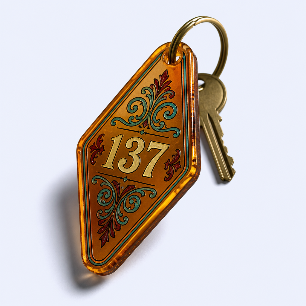 Custom Retro Motel Keychain - Personalized Acrylic Hotel Key Tag with DTF Heat Transfer Print