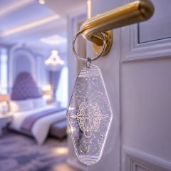 Custom Motel Keychain uv dtf Decal Clear Glitter Motel Keychain Blank Plastic Retro Motel Key Chain Acrylic Keyring Luggage Tags