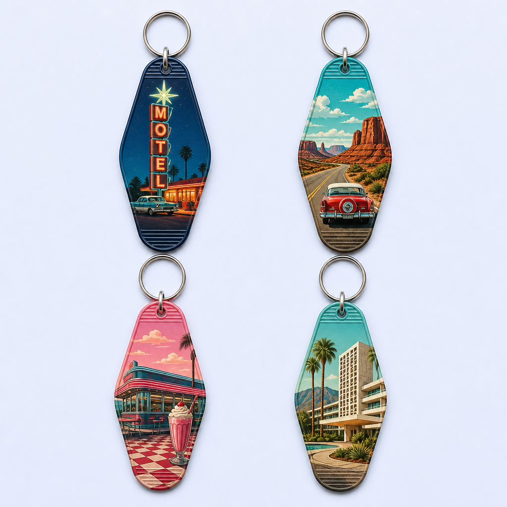 Custom Motel Keychain uv dtf Decal Clear Glitter Motel Keychain Blank Plastic Retro Motel Key Chain Acrylic Keyring Luggage Tags