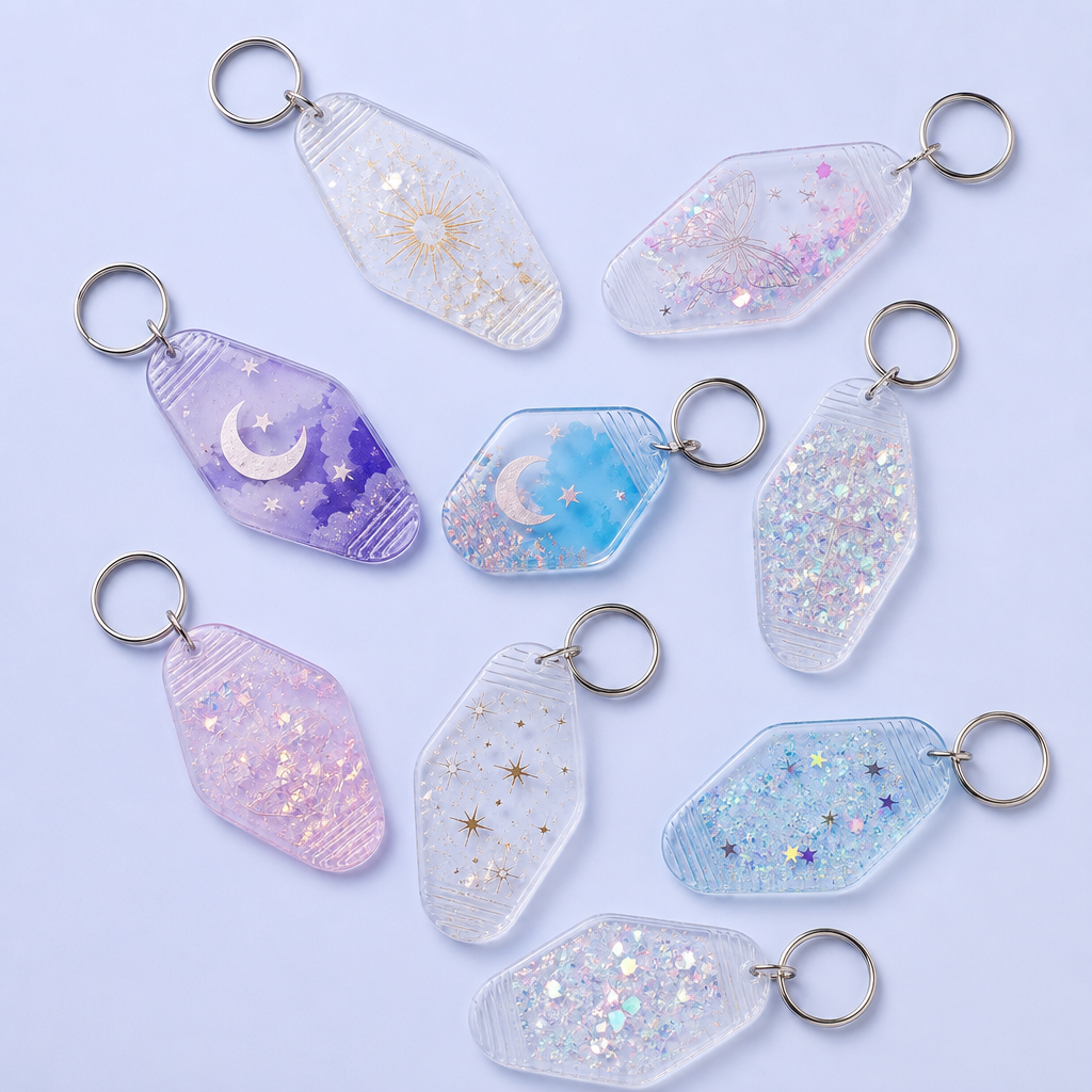 Custom Motel Keychain uv dtf Decal Clear Glitter Motel Keychain Blank Plastic Retro Motel Key Chain Acrylic Keyring Luggage Tags