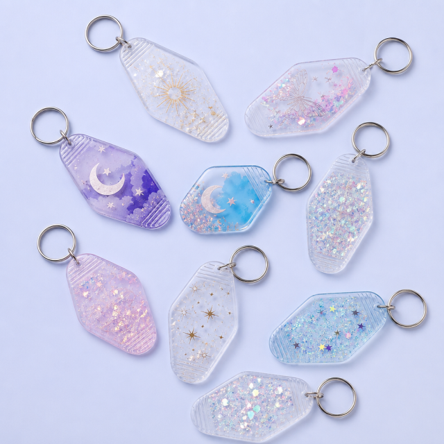 Custom Motel Keychain uv dtf Decal Clear Glitter Motel Keychain Blank Plastic Retro Motel Key Chain Acrylic Keyring Luggage Tags