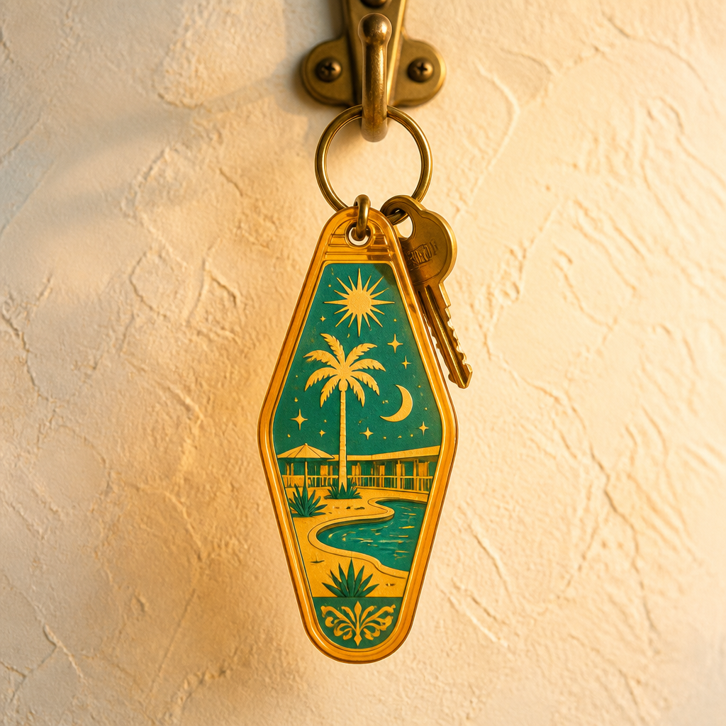 Custom Retro Motel Keychain - Personalized Acrylic Hotel Key Tag with DTF Heat Transfer Print