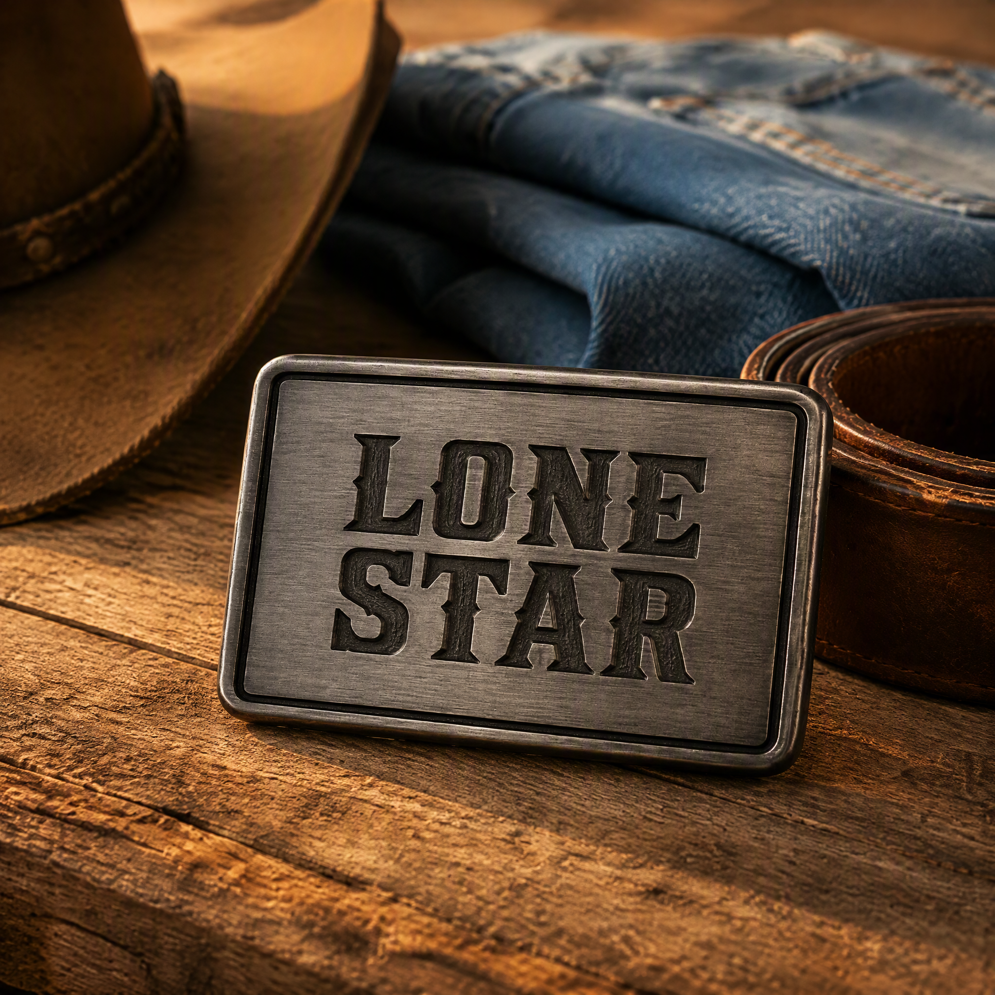 Laser Engraved LONE STAR Belt Buckle Zinc Alloy Custom Text Low MOQ OEM Cowboy Belt Buckle