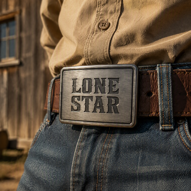 Laser Engraved LONE STAR Belt Buckle Zinc Alloy Custom Text Low MOQ OEM Cowboy Belt Buckle