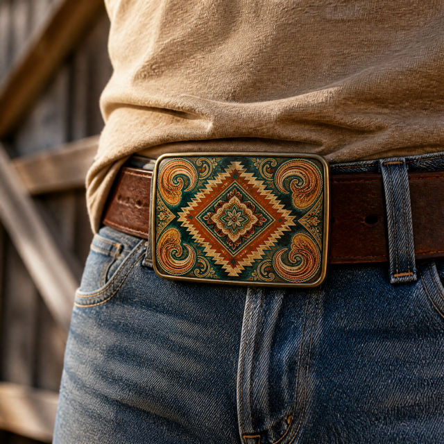 UV Print Geometric Belt Buckle Zinc Alloy Colorful Paisley Custom OEM Cowboy Belt Buckle