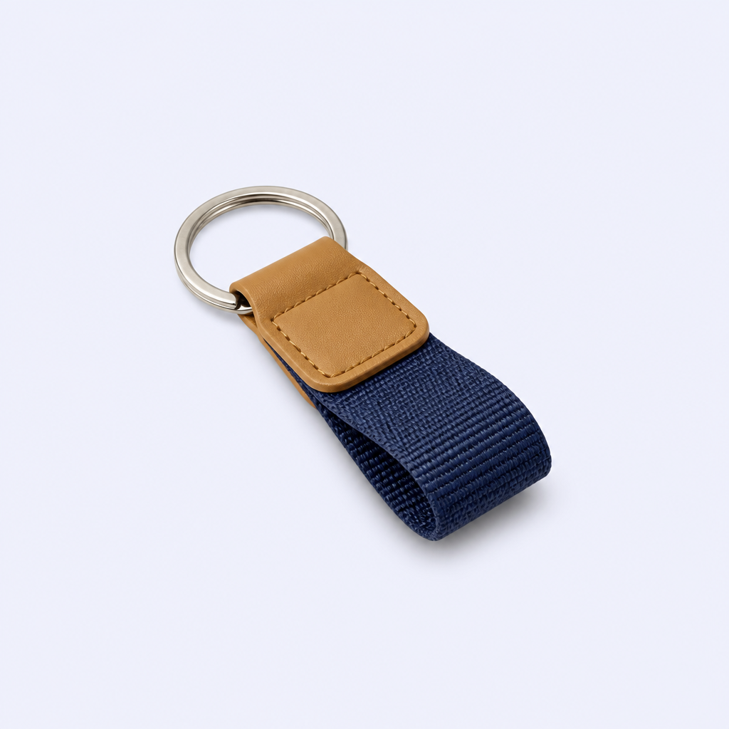 Custom PU Leather Keychain with Woven Webbing Strap - Bulk Wholesale, Logo Personalized
