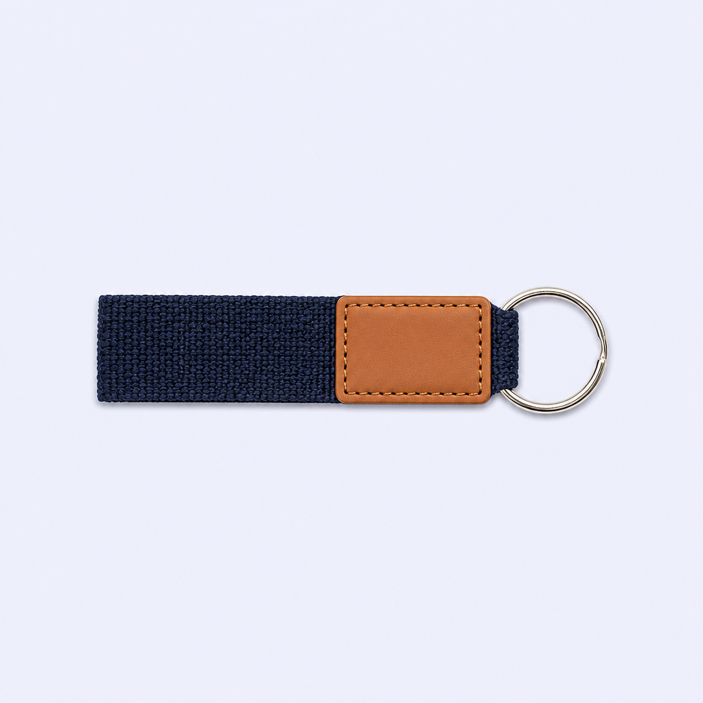 Custom PU Leather Keychain with Woven Webbing Strap - Bulk Wholesale, Logo Personalized