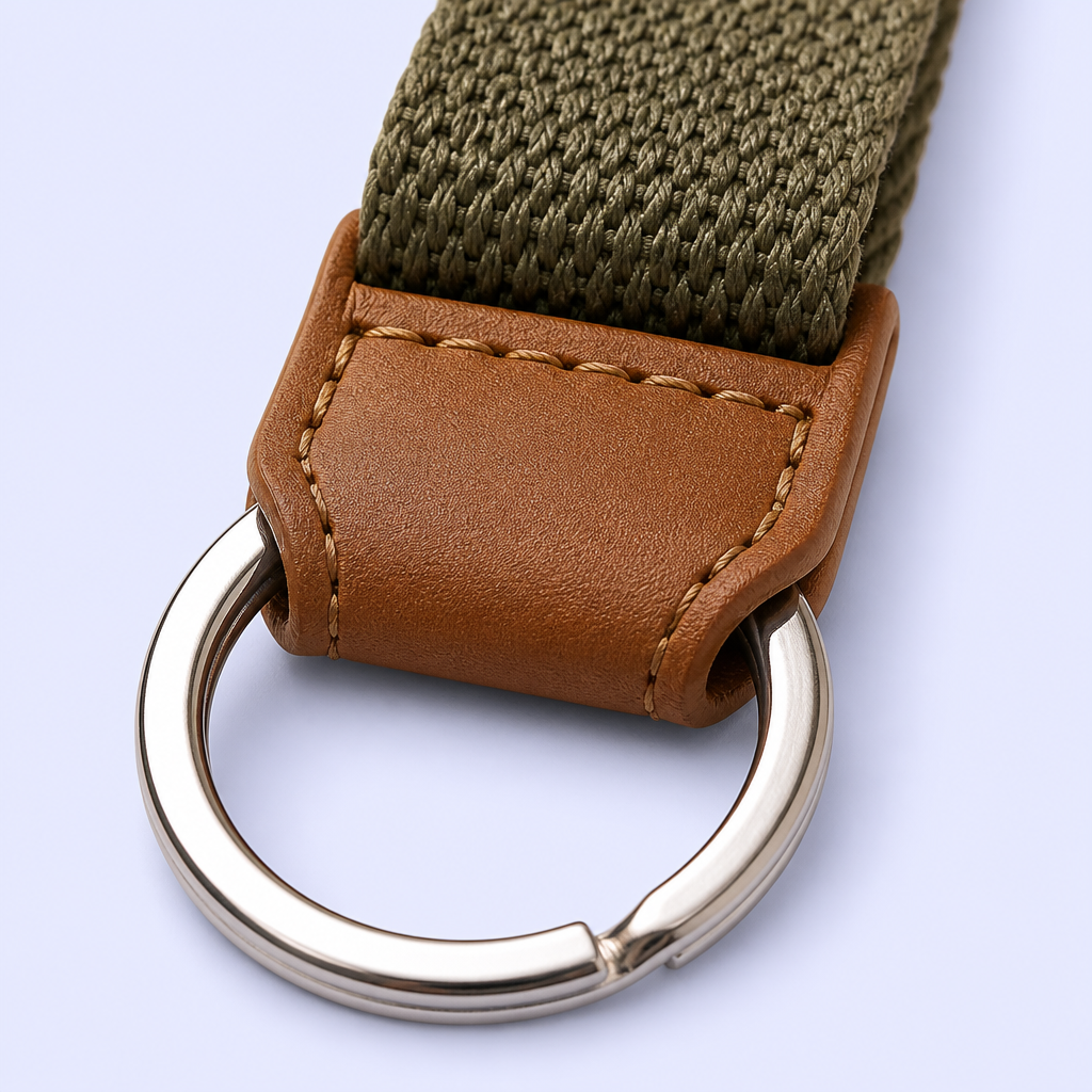 Custom PU Leather Keychain with Woven Webbing Strap - Bulk Wholesale, Logo Personalized