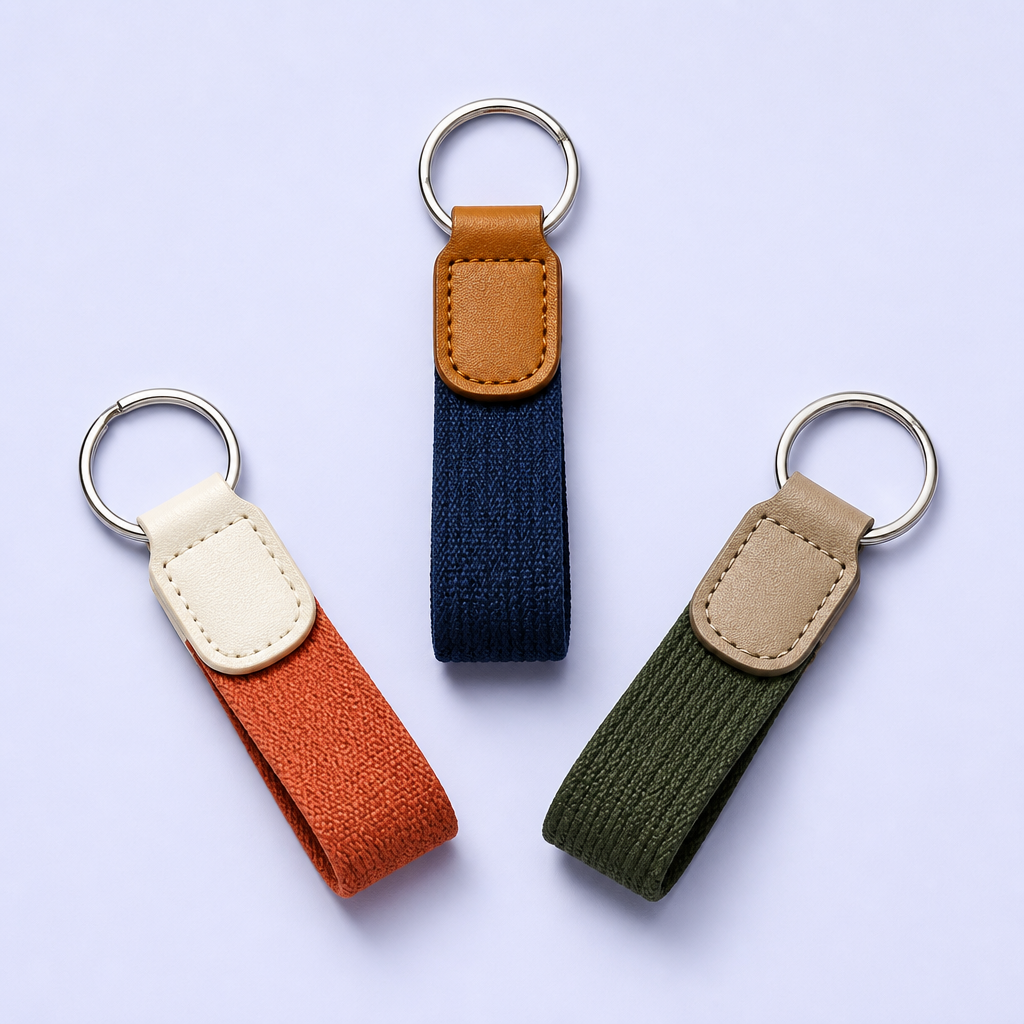 Custom PU Leather Keychain with Woven Webbing Strap - Bulk Wholesale, Logo Personalized