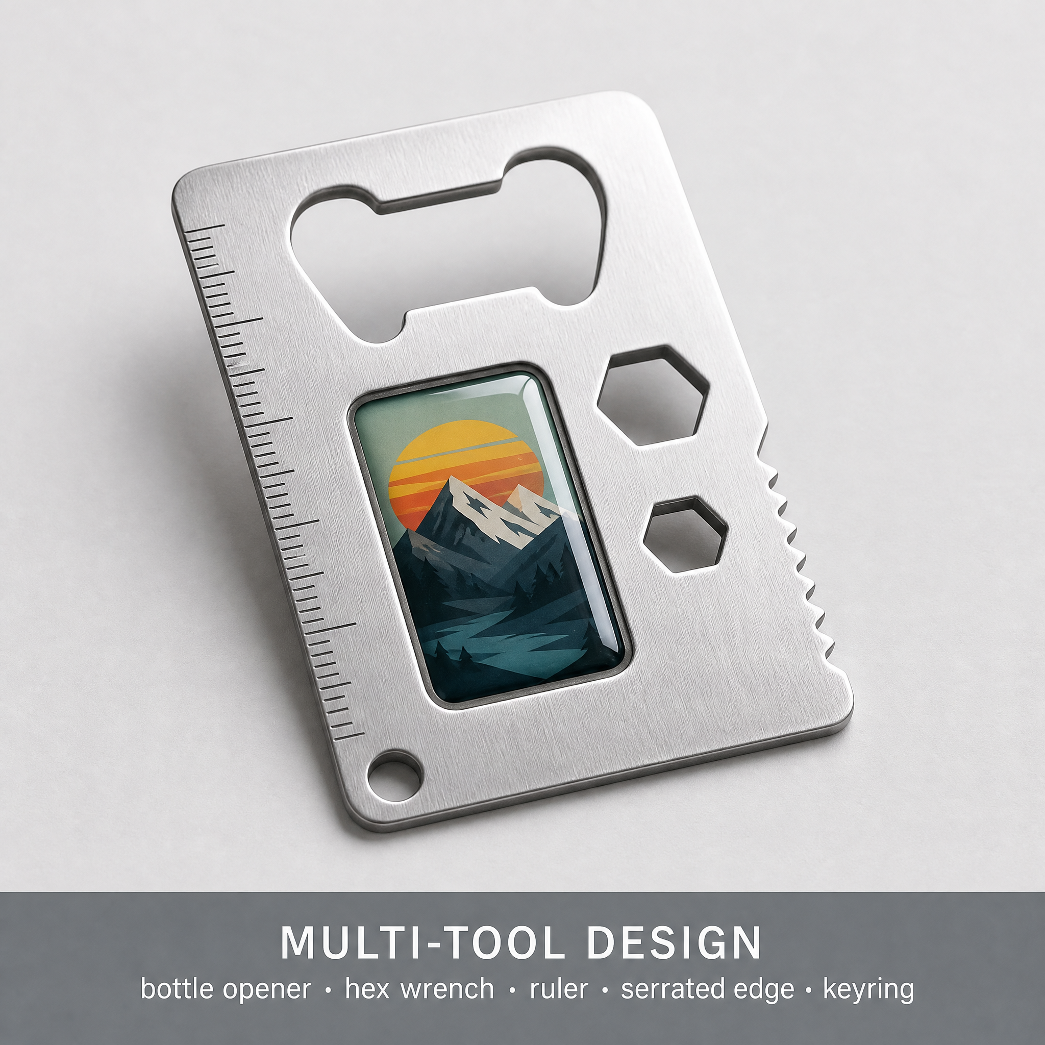 Custom Epoxy Domed Stainless Steel Credit Card Bottle Opener Multi-tool Wholesale