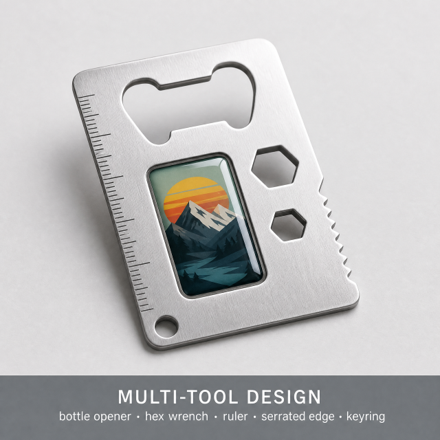 Custom Epoxy Domed Stainless Steel Credit Card Bottle Opener Multi-tool Wholesale