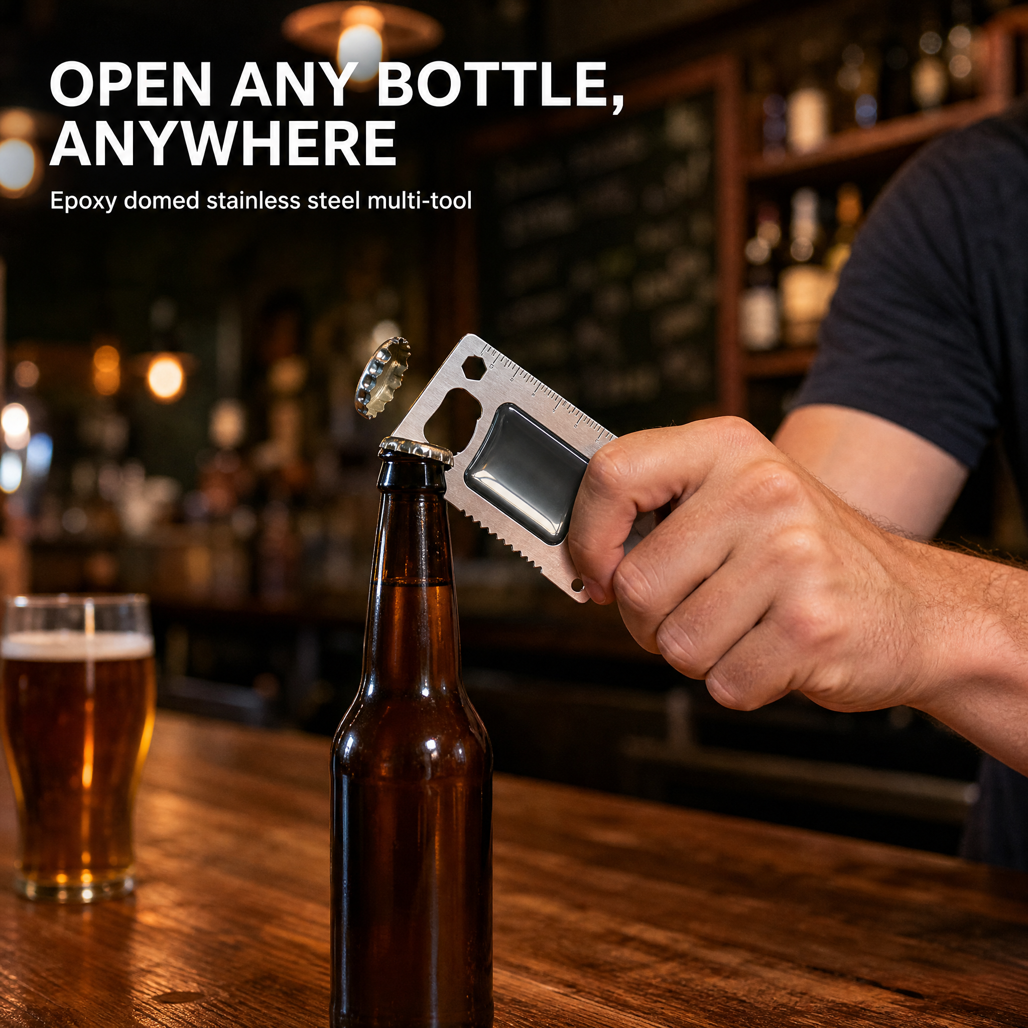 Custom Epoxy Domed Stainless Steel Credit Card Bottle Opener Multi-tool Wholesale