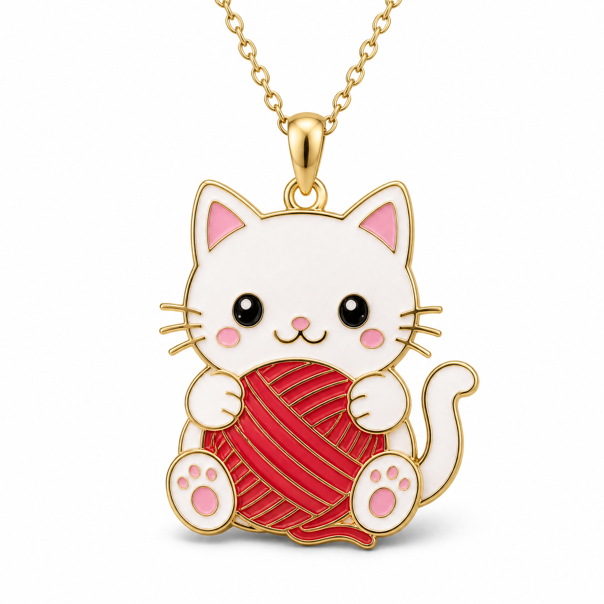 Custom Soft Enamel Cat Pendant Necklace Kawaii White Cat with Red Yarn Ball Charm Gold Tone Cable Chain Jewelry OEM