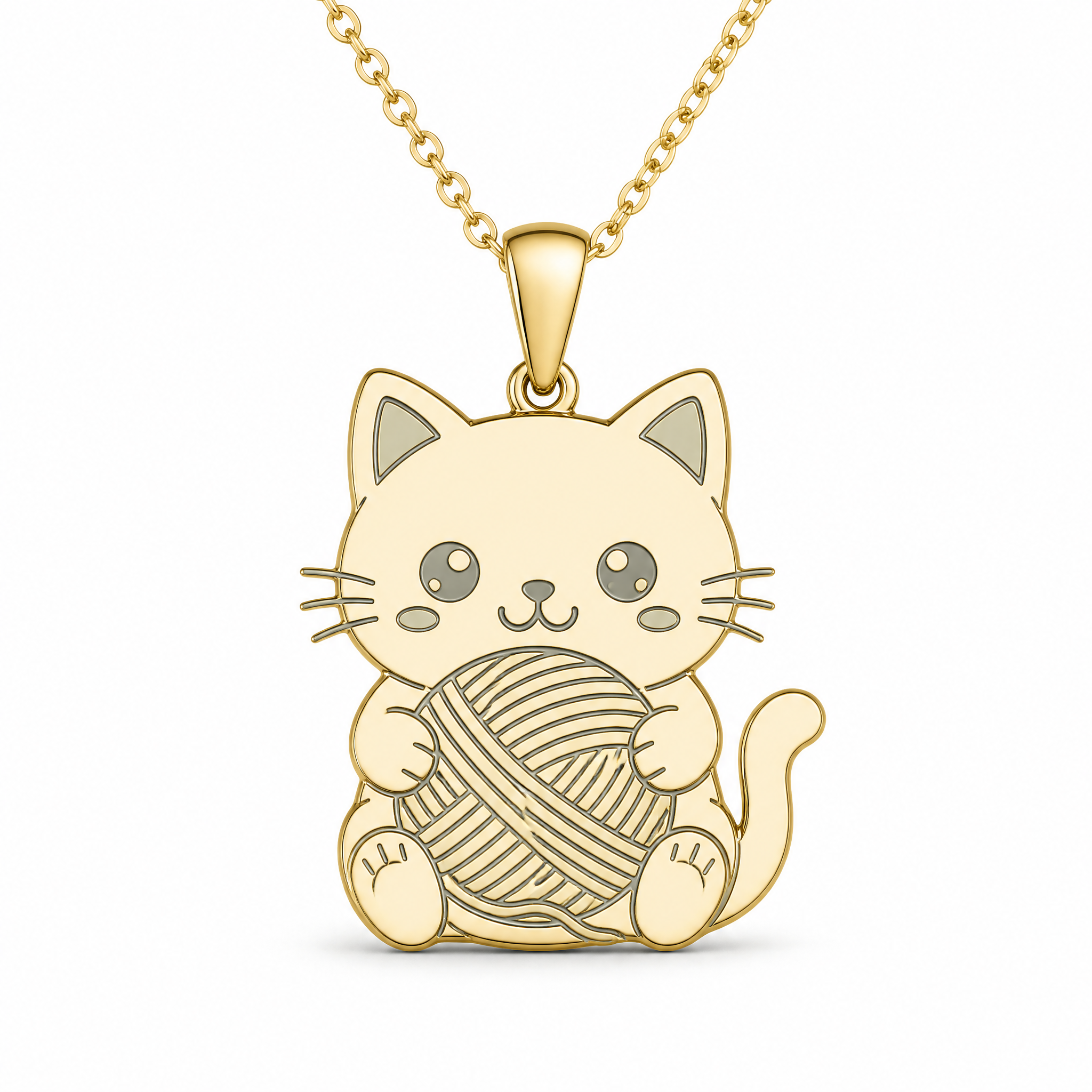 Custom Laser Engraved Cat Pendant Necklace Kawaii White Cat with Red Yarn Ball Gold Tone Metal Jewelry OEM
